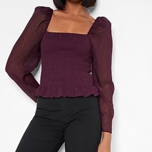Express smocked bodice top Sz S puff sleeves ruffle hem metallic detail